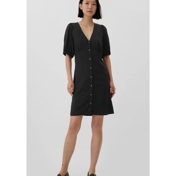 GAP Women’s Black Puff Sleeve Button Mini Dress Size L Preppy Normcore Simple - Picture 1 of 12